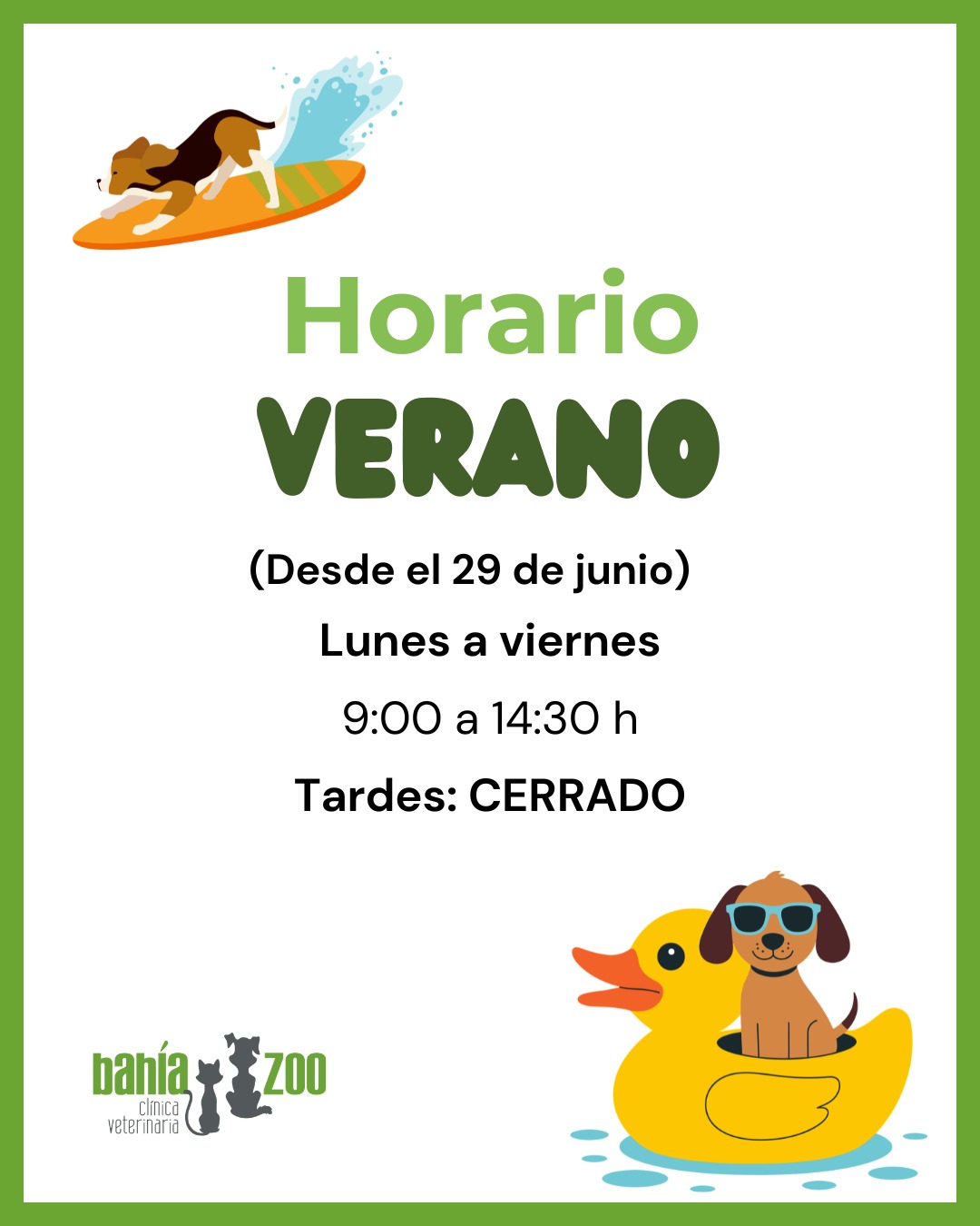 horario verano Clínica Veterinaria Bahía Zoo